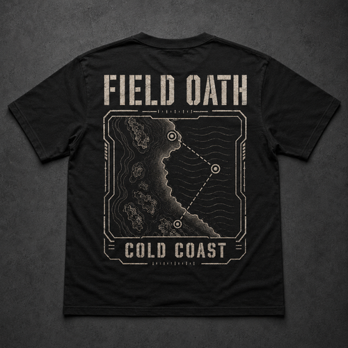 Black FIELD OATH Cold Coast T-Shirt back flat lay with tactical coastline survey artwork
