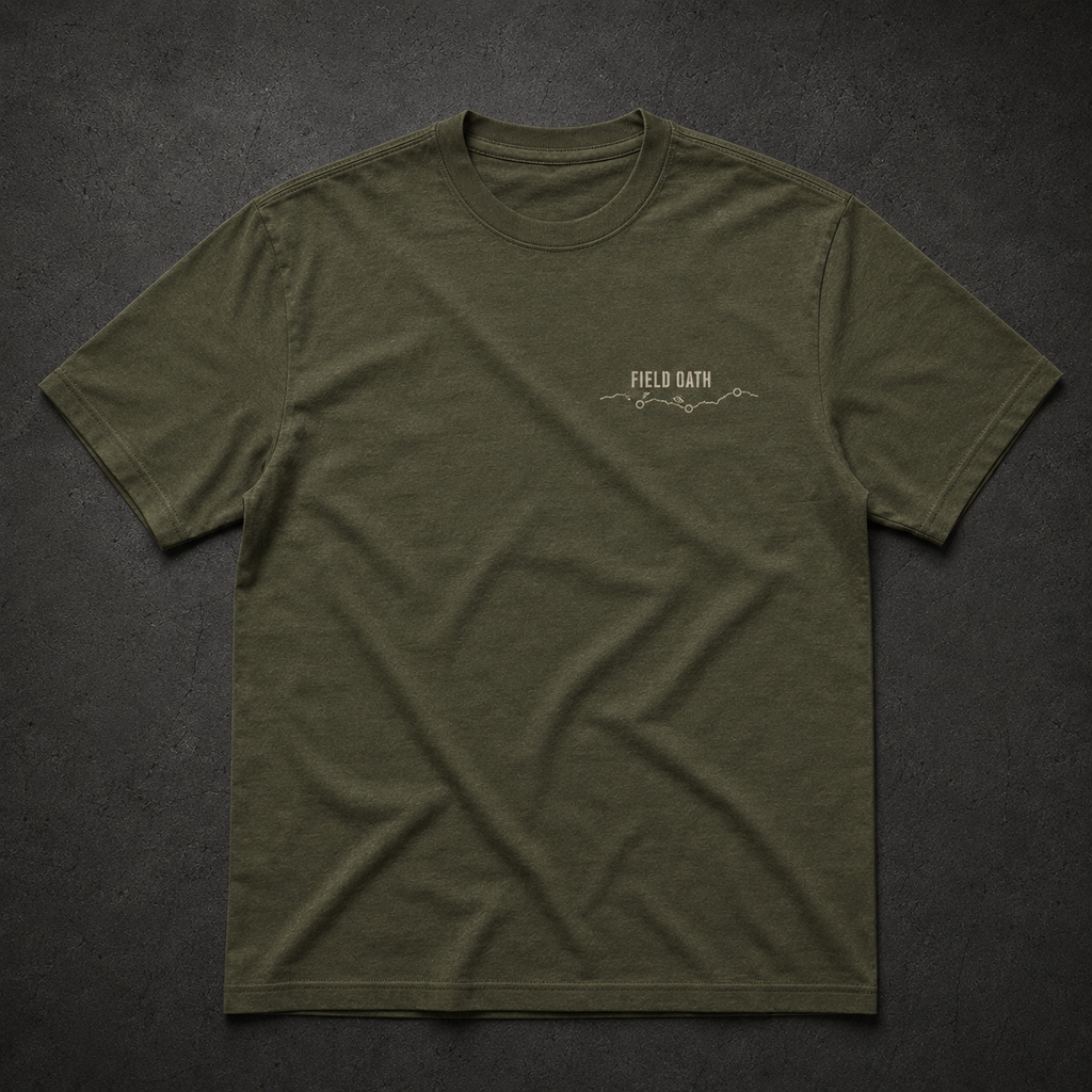 Field olive FIELD OATH Cold Coast T-Shirt front flat lay with coastline chest identifier