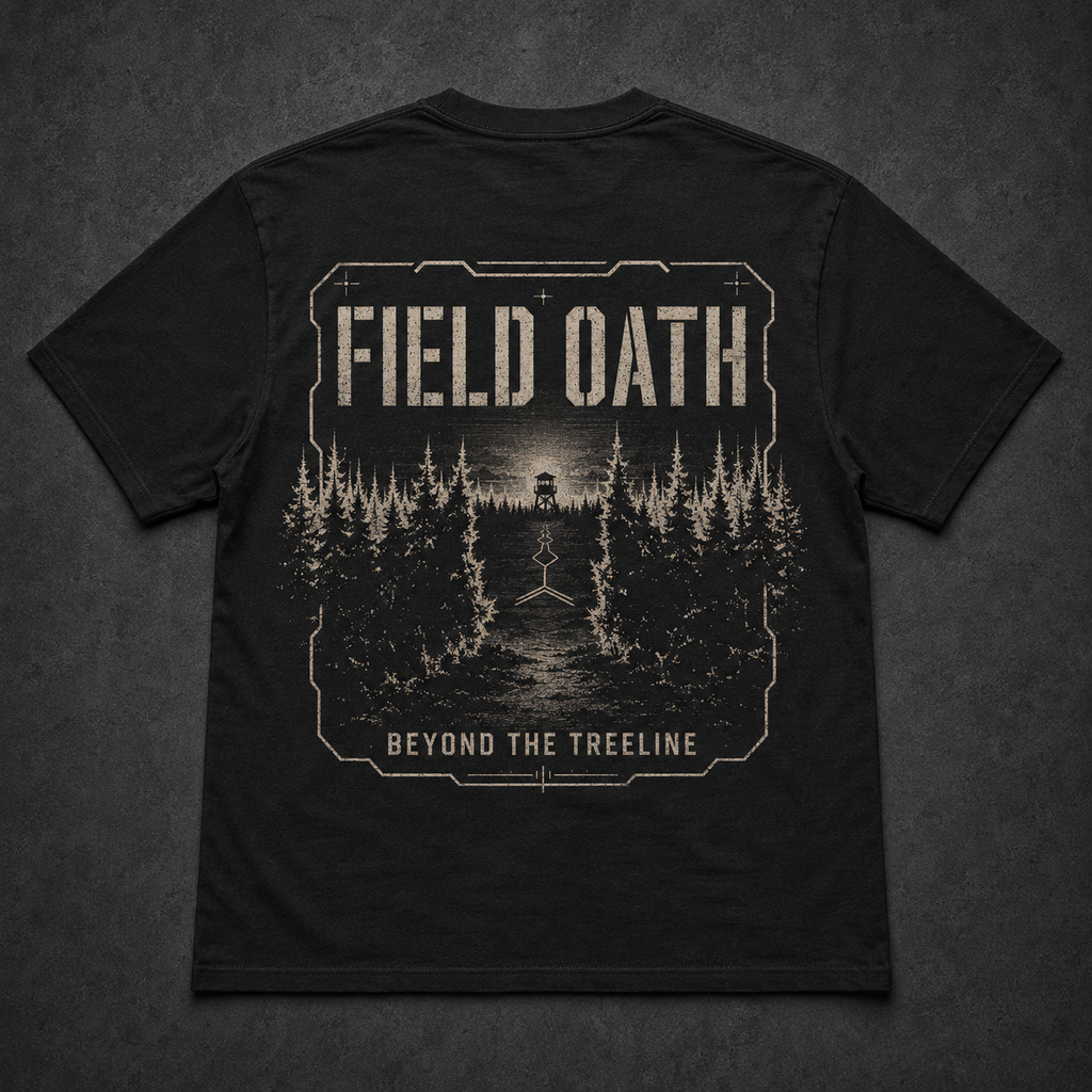Black FIELD OATH Beyond the Treeline T-Shirt back flat lay with broken treeline recon artwork
