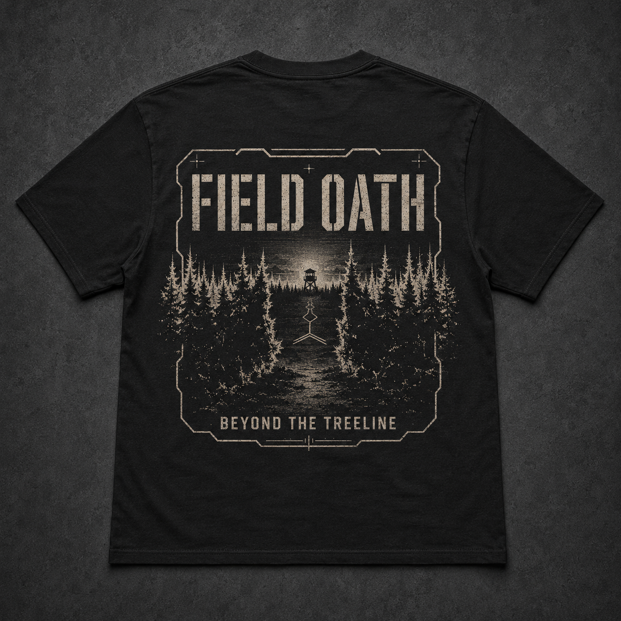 Black FIELD OATH Beyond the Treeline T-Shirt back flat lay with broken treeline recon artwork