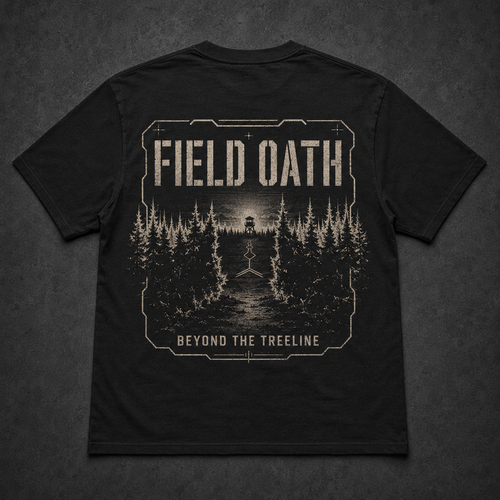 Black FIELD OATH Beyond the Treeline T-Shirt back flat lay with broken treeline recon artwork