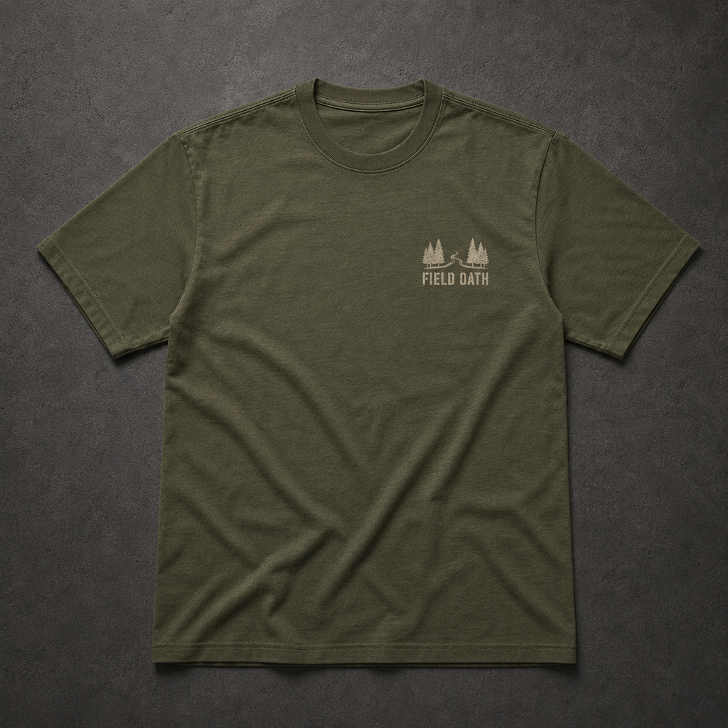 Field olive FIELD OATH Beyond the Treeline T-Shirt front flat lay with treeline route chest identifier