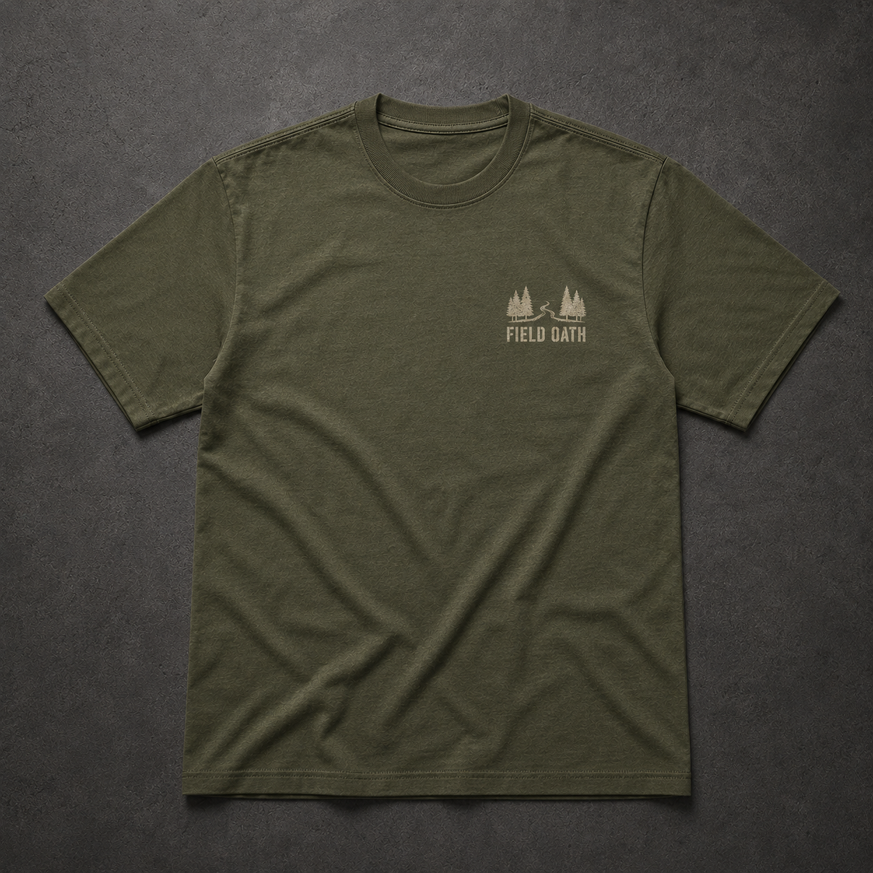 Field olive FIELD OATH Beyond the Treeline T-Shirt front flat lay with treeline route chest identifier