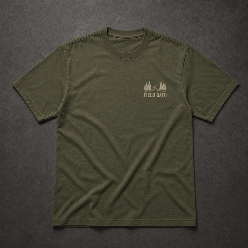 Field olive FIELD OATH Beyond the Treeline T-Shirt front flat lay with treeline route chest identifier