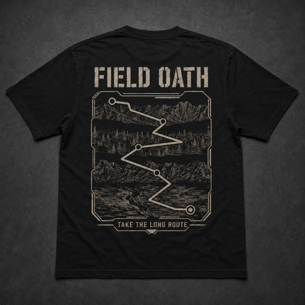 Black FIELD OATH Take the Long Route T-Shirt back flat lay with tactical switchback route artwork