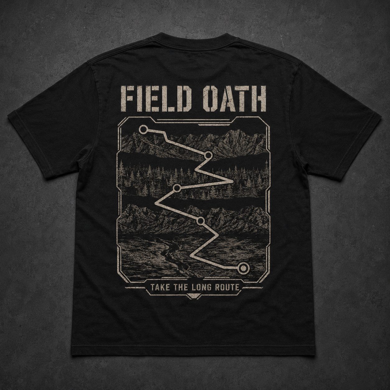 Black FIELD OATH Take the Long Route T-Shirt back flat lay with tactical switchback route artwork