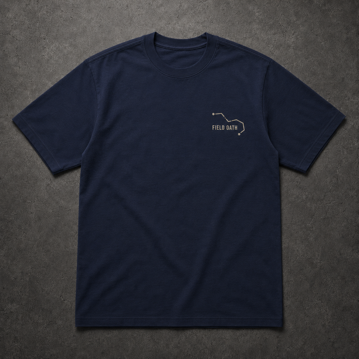 Navy FIELD OATH Take the Long Route T-Shirt front flat lay with small route-line chest identifier