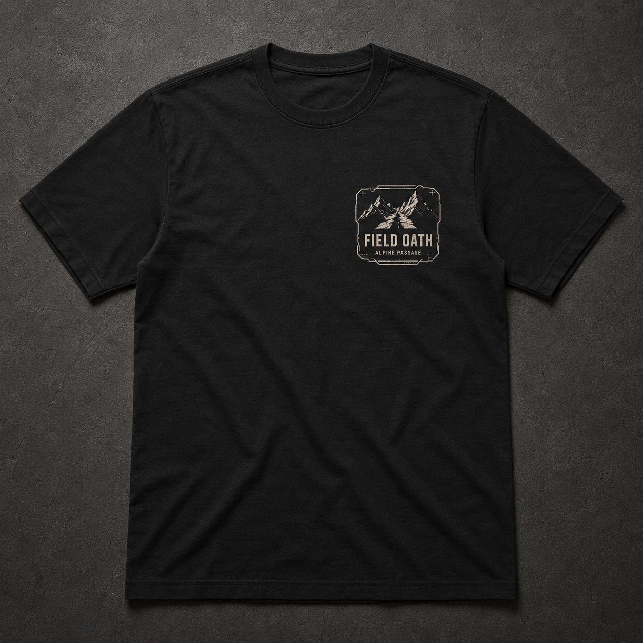 Black FIELD OATH Alpine Passage T-Shirt front flat lay with alpine passage left-chest artwork