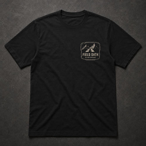 Black FIELD OATH Alpine Passage T-Shirt front flat lay with alpine passage left-chest artwork