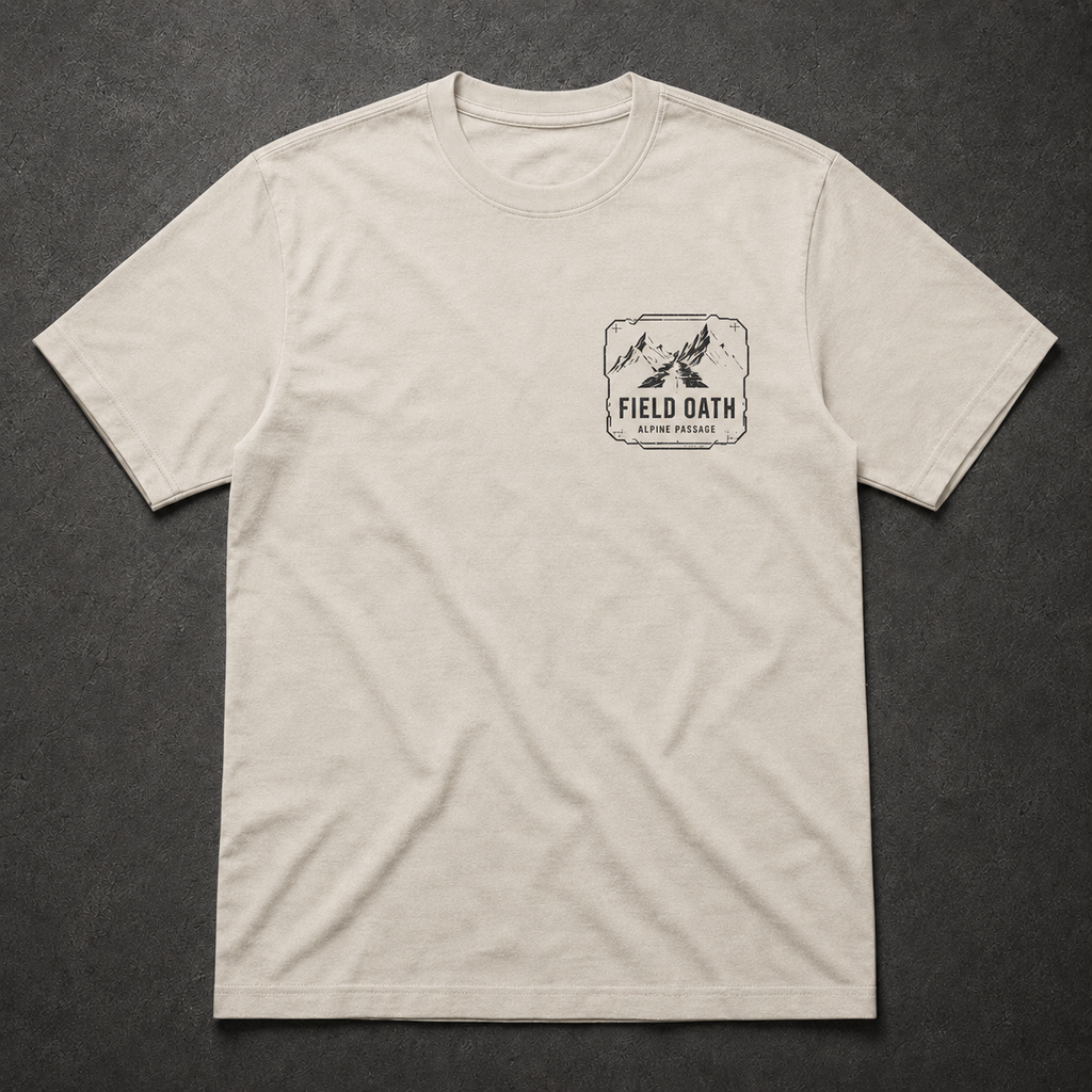 Bone FIELD OATH Alpine Passage T-Shirt front flat lay with matching alpine passage left-chest artwork