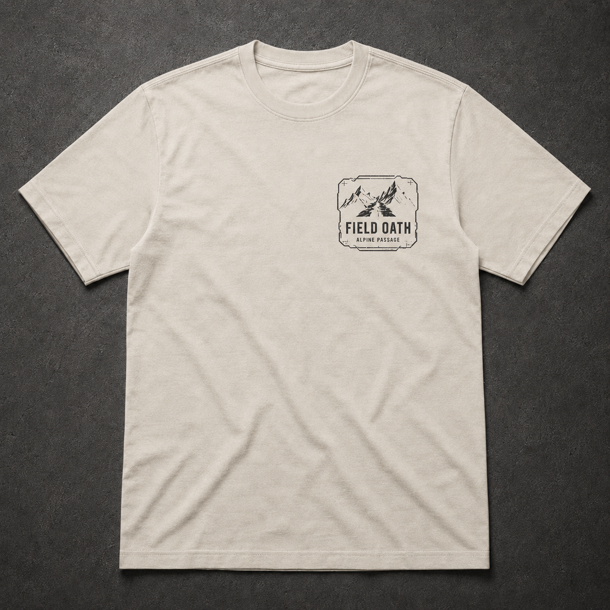 Bone FIELD OATH Alpine Passage T-Shirt front flat lay with matching alpine passage left-chest artwork