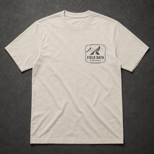 Bone FIELD OATH Alpine Passage T-Shirt front flat lay with matching alpine passage left-chest artwork