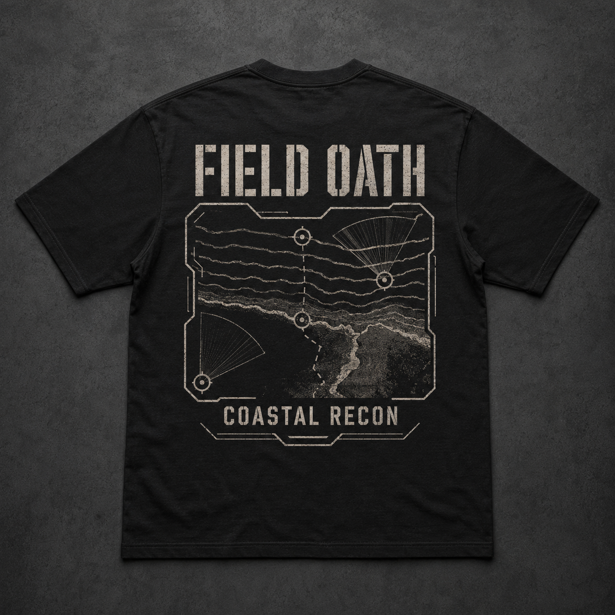 Black FIELD OATH Coastal Recon T-Shirt back flat lay with tactical coastal survey artwork