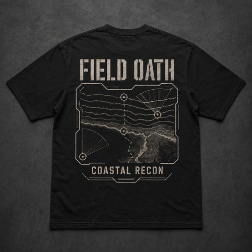Black FIELD OATH Coastal Recon T-Shirt back flat lay with tactical coastal survey artwork